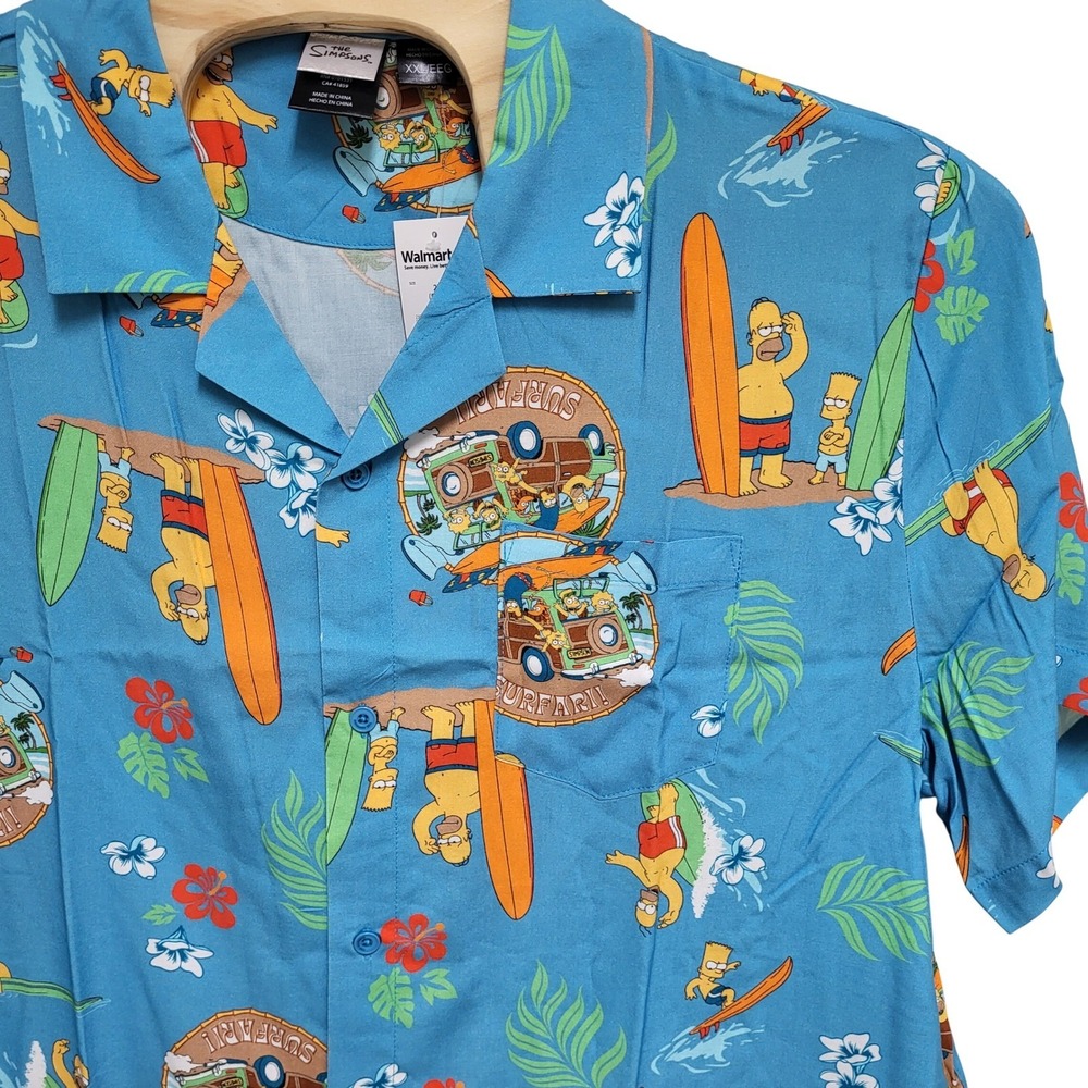 The Simpsons Mens 2XL Blue Surfaris Hawaiian Button Down Shirt Bart Homer New